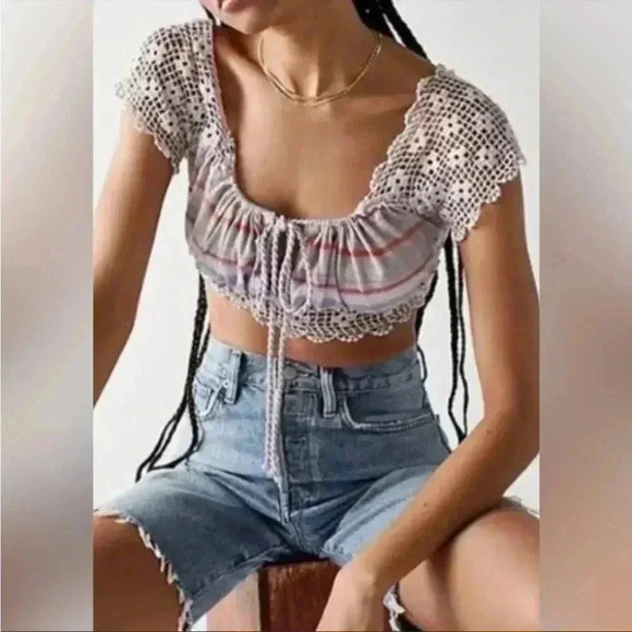NEW Free People Aruba Crochet Multicolor Striped Crop Top Sz S Style #OB1522759 - Picture 2 of 7